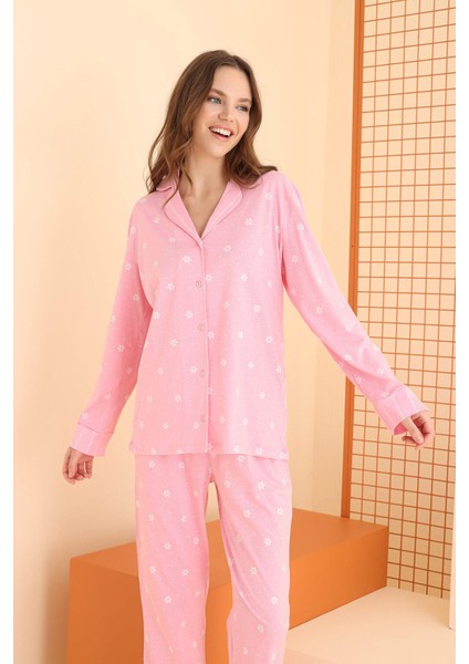 Kadın %100 Pamuklu Çiçek Baskılı Düğmeli Mevsimlik Pijama Takım