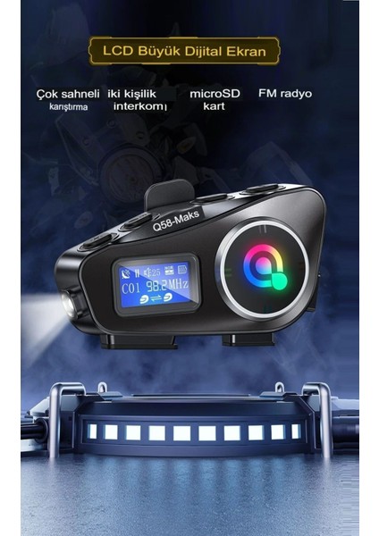 2 Intercom Bağlantılı Radyolu LCD Ekranlı Işıklı Su Geçirmez Motorcu Kask Kulaklık Müzik Çalar