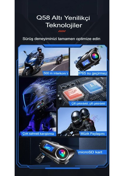 2 Intercom Bağlantılı Radyolu LCD Ekranlı Işıklı Su Geçirmez Motorcu Kask Kulaklık Müzik Çalar