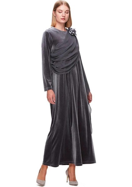 Gri Tül Detaylı Kadife Şık Elbise T25K-4013 fiyatları