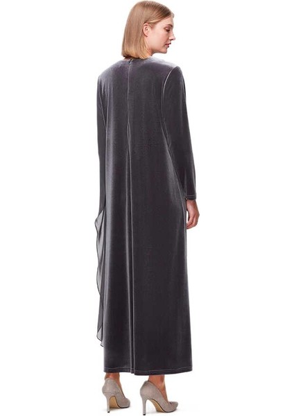 Gri Tül Detaylı Kadife Şık Elbise T25K-4013 modelleri