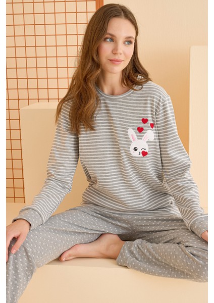 Gri Bunny Çizgili Pijama Takımı