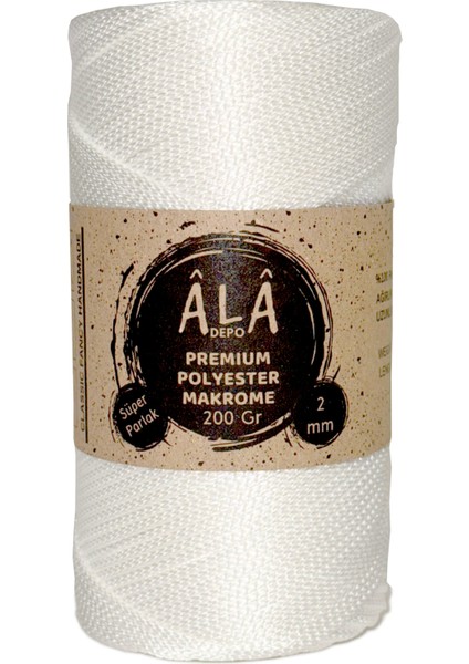 Ala Depo Premium Polyester Makrome Ip (Süper Parlak) 2mm- 200GR Inci Beyaz