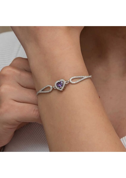 Gümüş Mor Zirkon Taşlı Kalp Bileklik indirimleri
