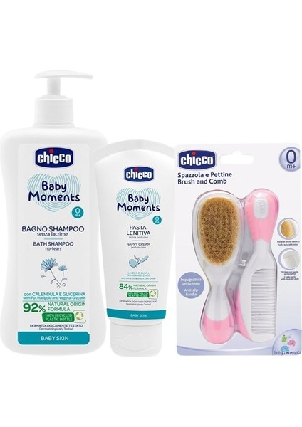 Göz Yakmayan Saç Ve Vücut Şampuanı 750ml, Baby Moments Doğal Pişik Kremi 100ml,Tarak&Fırça Seti Pembe