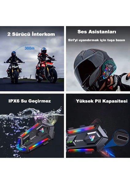 Ikili Interkom Bağlantılı Y20 Max Motorsiklet Intercom Su Geçirmez Kask Intercom Rgb Intercom
