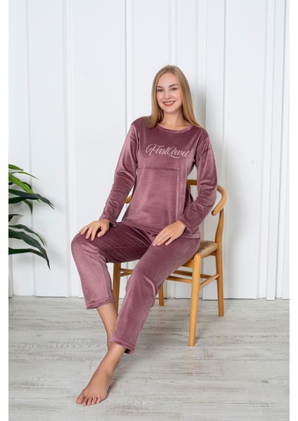 Luxury Velvet Fransız Kadife Yazı Detaylı Pijama Takımı