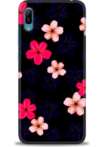 Huawei Y6 2019 Kılıf Hd Baskılı - Pembe Mavi Çiçekler + 9h Nano Ekran Koruyucu