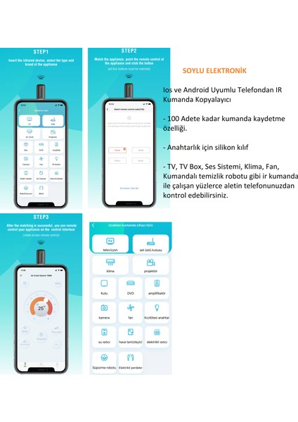 Akıllı Telefon İr Kumanda - Kopyalayıcı Adaptörü İos Android Klima Tv Kamera Ses Sistemi Kumandası