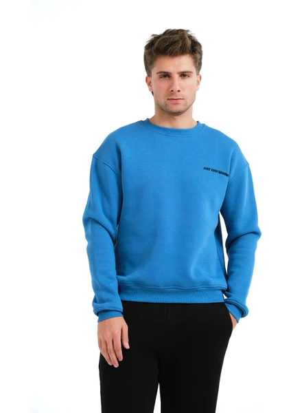 Bisiklet Yaka Nakışlı Şardonlu Içi Polarlı Mavi Erkek Sweatshirt - Volar