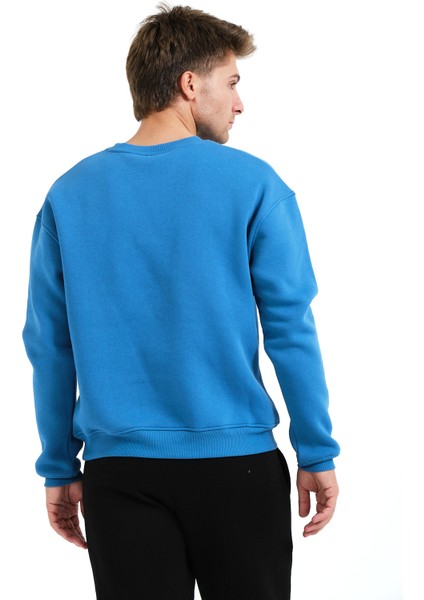 Bisiklet Yaka Nakışlı Şardonlu Içi Polarlı Mavi Erkek Sweatshirt - Volar