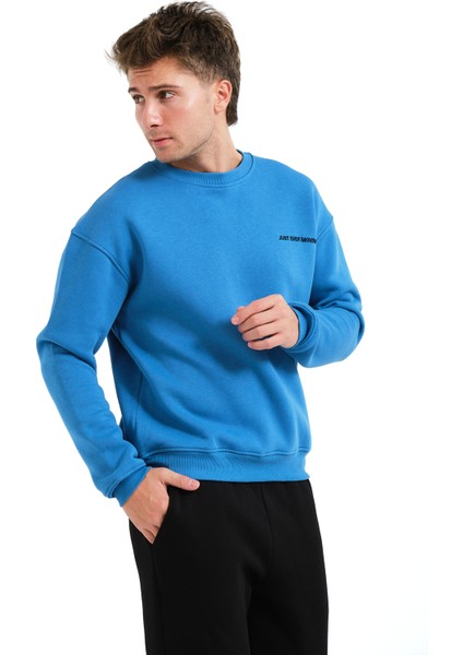 Bisiklet Yaka Nakışlı Şardonlu Içi Polarlı Mavi Erkek Sweatshirt - Volar