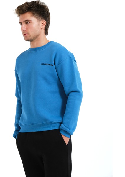 Bisiklet Yaka Nakışlı Şardonlu Içi Polarlı Mavi Erkek Sweatshirt - Volar