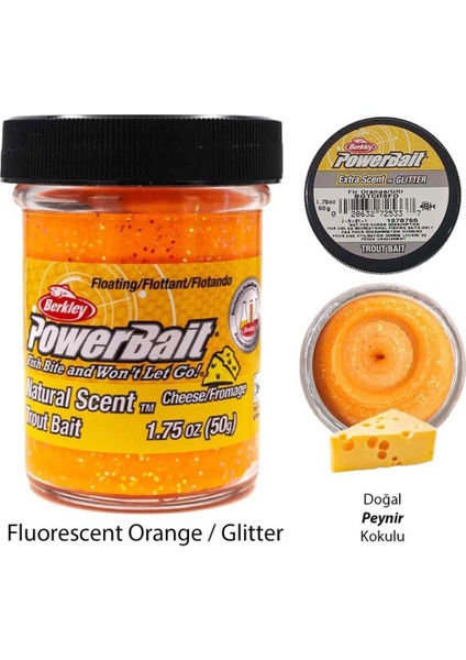 Powerbait Doğal Kokulu Glitter (Simli) Alabalık Hamuru - Fluorescent Orange / Glitter fiyatları