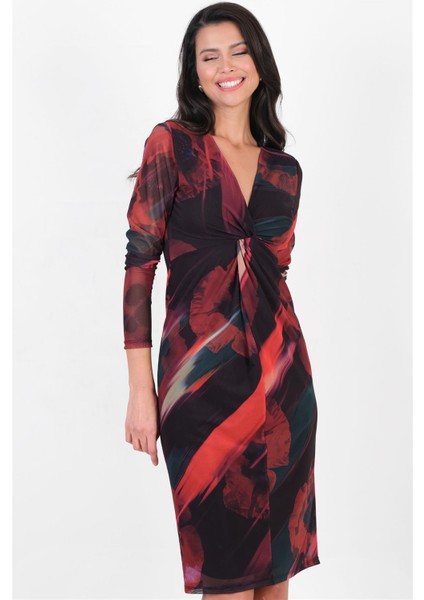 Dorian V Yaka Göğüsaltı Düğümlü Elbise SİYAH