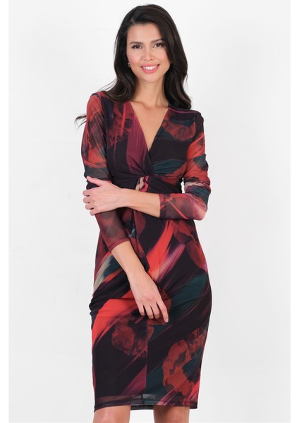 Dorian V Yaka Göğüsaltı Düğümlü Elbise SİYAH