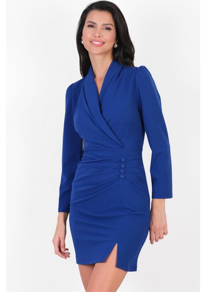 Perron Şal Yaka Önü Drapeli Düğmeli Elbise SAKS indirimleri