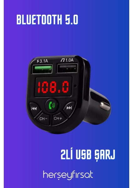 Mp3 LED Fm Bluetooth 2li USB Araç Kiti