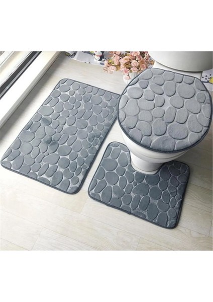 Ceyden Üçlü Banyo Paspas Takımı, Kaymaz Yıkanabilir,3lü Gri Banyo Paspası