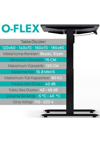 O-Flex Tek Motorlu Elektrikli Yükseklik Ayarlı Masa - 120x60 - Pasifik Mavi
