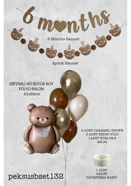 Retro Ayı 6 Aylık , Yarım Yaş Partisi Süsleme Seti Retro Ayı Balon 6 Months Bannerlı Balon Seti