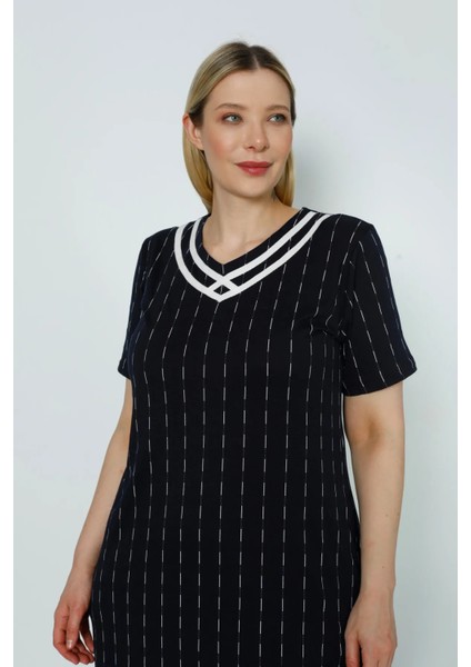 Lacivert Çizgi Desenli Şeritli Cepli Pamuklu Büyük Beden Kısa Kollu Elbise modelleri