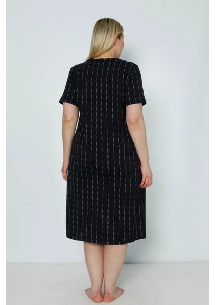 Lacivert Çizgi Desenli Şeritli Cepli Pamuklu Büyük Beden Kısa Kollu Elbise fırsatları