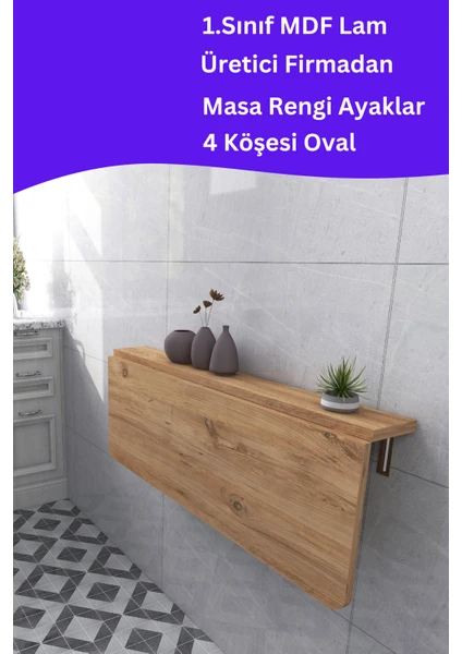 Kydonia Home Mdf Lam 4 Köşesi Oval Çam Ahşap Desenli Sabit Raflı Duvara Monte Kırma Katlanır Yemek Mutfak Masası