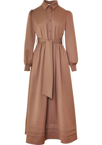 Prenses Nervürlü Elbise - Kahverengi