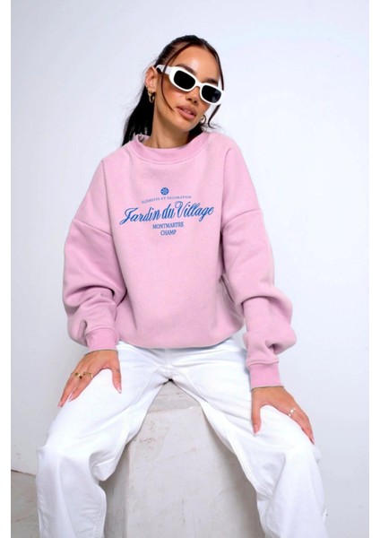 Bisiklet Yaka Içi Polar Jardin Du Village Yazı Baskılı Pembe Oversize Sweatshirt