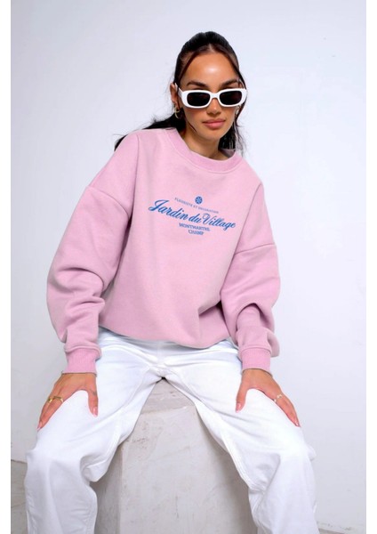 Bisiklet Yaka Içi Polar Jardin Du Village Yazı Baskılı Pembe Oversize Sweatshirt