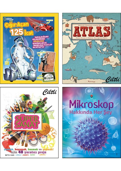 National Geographic Kids Çığır Açan 125 İcat + Çocuk Atlası Kıtalar Denizler + Süper Sanat + Mikroskop Hakkında Her Şey / 4 Kitap Set
