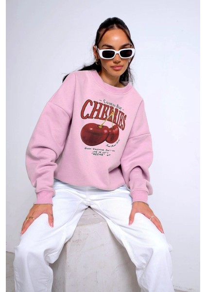 Bisiklet Yaka Içi Polar Cherries Baskılı Pembe Oversize Sweatshirt