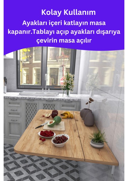 kydonia home mdf lam 4 köşesi oval çam ahşap desenli sabit raflı duvara monte kırma katlanır yemek mutfak masası