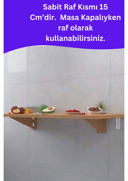 kydonia home mdf lam 4 köşesi oval çam ahşap desenli sabit raflı duvara monte kırma katlanır yemek mutfak masası