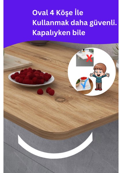 kydonia home mdf lam 4 köşesi oval çam ahşap desenli sabit raflı duvara monte kırma katlanır yemek mutfak masası