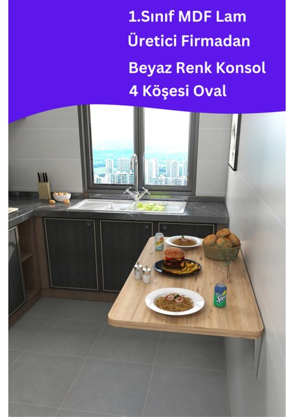 kydonia home mdf lam 4 köşesi oval çam ahşap desenli duvara monte  kırma katlanır yemek masası