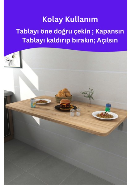 kydonia home mdf lam 4 köşesi oval çam ahşap desenli duvara monte  kırma katlanır yemek masası