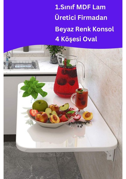 mdf lam 4 köşesi oval parlak beyaz duvara monte kırma katlanır mutfak ve yemek masası