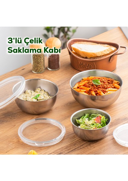 3 Adet Şeffaf Sızdırmaz Kapaklı Paslanmaz Çelik Saklama Kabı Seti