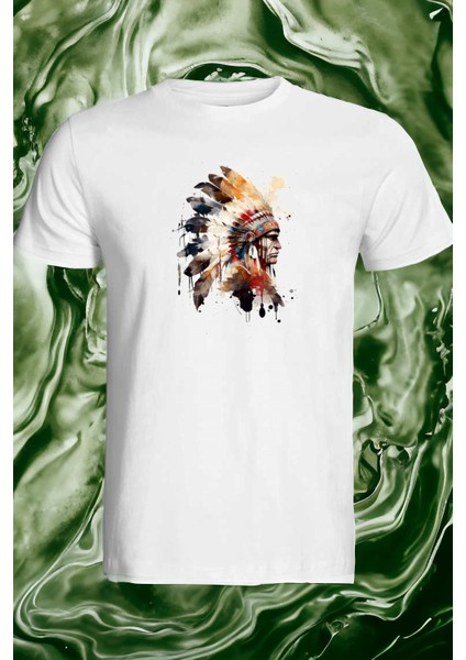 Kızılderili Adam Tasarımlı Baskılı Beyaz T-Shirt Tişört