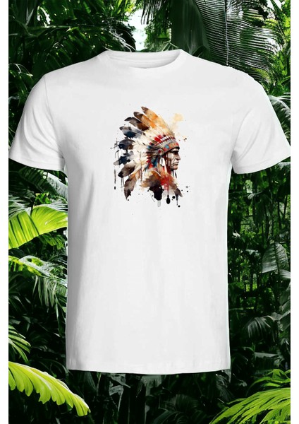 Kızılderili Adam Tasarımlı Baskılı Beyaz T-Shirt Tişört fiyatları