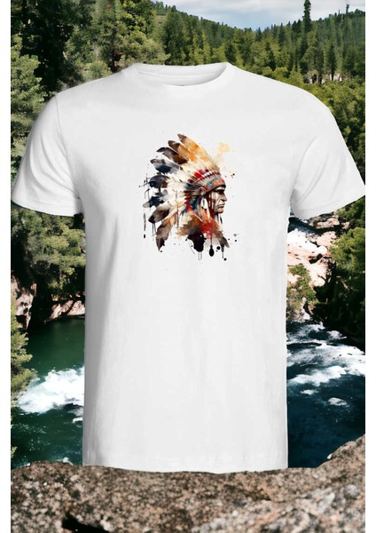 Kızılderili Adam Tasarımlı Baskılı Beyaz T-Shirt Tişört modelleri