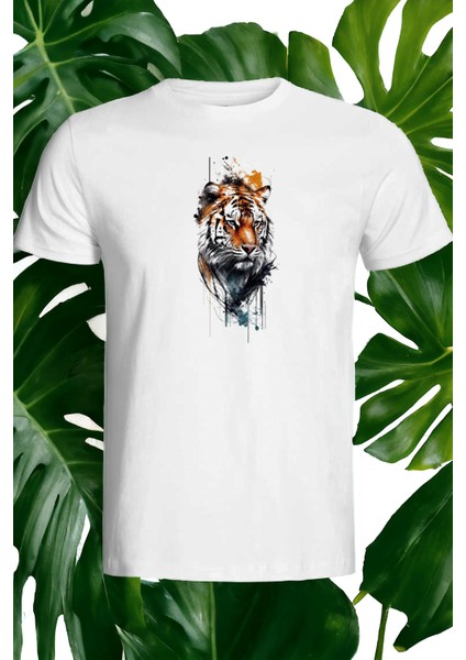Kaplan Tasarımlı Ön Taraf Baskılı Beyaz T-Shirt Tişört