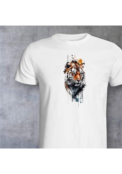 Kaplan Tasarımlı Ön Taraf Baskılı Beyaz T-Shirt Tişört modelleri