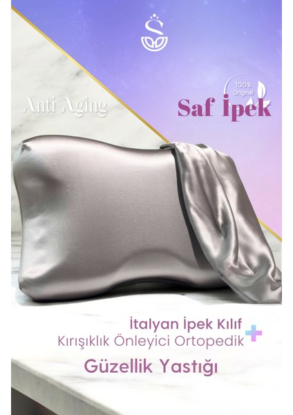 %100 Ipek Gri Renk Kılıfı ile Yaşlanma Karşıtı Ortopedik Visko Yastık