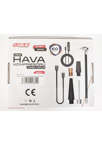 Mini Hava Kompresörü Şarzlı 12V 120PSİ Usb+Typc 60W 5 Aparatlı Lastik Top Şişirme 2491330