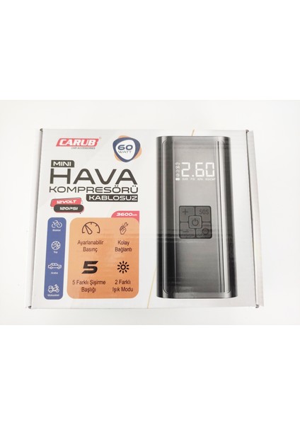 Mini Hava Kompresörü Şarzlı 12V 120PSİ Usb+Typc 60W 5 Aparatlı Lastik Top Şişirme 2491330