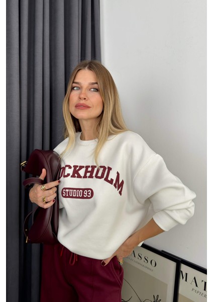 Beyaz Bordo Şardonlu Oversize Eşofman Takımı
