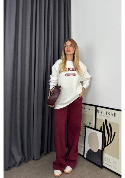Beyaz Bordo Şardonlu Oversize Eşofman Takımı